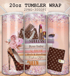 boss babe design 20 oz tumbler, handbag tumbler, high heels png, stack of books, lipstick, beauty glam design png, plann