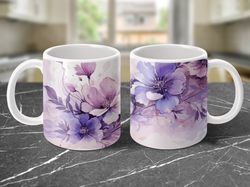 purple flower mug wrap, 11oz & 15oz mug template, floral 11oz mug png, 15oz mug png, mug designs, coffee mugs, mug subli