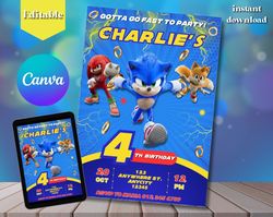 editable sonic birthday invitation template printable birthday party invitations digital kids party invite template boys