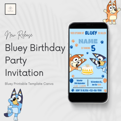 editable bluey birthday party invitation, blue dog invitation, puppy boys theme bluey printable template canva