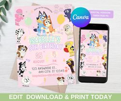 bluey invitation canva template, bluey birthday invitation digital download, bluey party invitation for girl