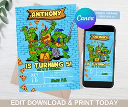ninja turtles invitation, tmnt birthday invitation, teenage mutant ninja turtles birthday invitation - canva edit