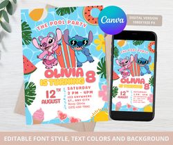 stitch birthday invitation, stitch pool party birthday invitation template, stitch party invite, stitch and angel bday