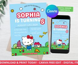 hello kitty invitation, kitty birthday invitation, hello kitty and friends invitation template, digital free edit canva