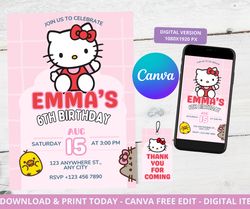 hello kitty birthday invitation, hello kitty invitation, hello kitty party, kiity decor, edit canva template