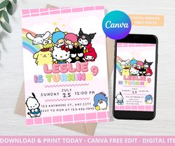 kitty birthday invitation template, hello kawaii cat invite, kitty party, hello kitty invitation template - edit canva