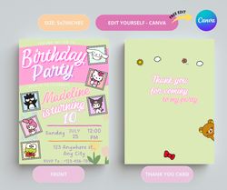 hello kitty and friends invitation template, kitty party birthday invitation, my melody, kuromi, cinnamorol - canva