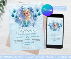 editable frozen birthday invitation template, princess elsa girl evite, instant download, digital birthday party invitat