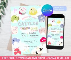 editable squishmallow birthday invitation, squishmallow invitation, squish birthday party printable, digital, canva temp