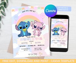 stitch and angel gender reveal invitation, baby shower stitch or angel, he or she, stitch angel files instant download