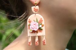 floral pale rosa dangle clay earrings, pastel boho earrings, statement floral clay earrings, long bridal earrings