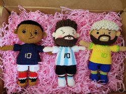 combo of 3 characters wearing number 10, crochet doll, lionel messi doll, kylian mbappe doll, neymar doll, gift for fans