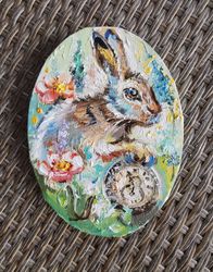 oval painting with a rabbit, alice in wonderland, original oil miniature