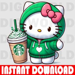 green kawaii hello kitty starbucks - hello coffee kitty - hello starbucks coffee - coffee hello kity png.