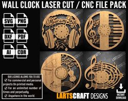 wall clock face set-4 cnc bundle laser cut pack svg vector template for cnc and laser cutting glowforge , cricut