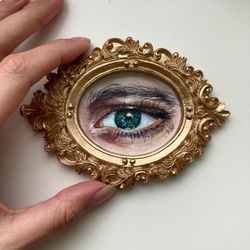 small eye painting framed original watercolor art, miniature painting, eye study, lovers eye painting