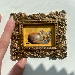 cute fox oil painting original framed art fox wall decor red fox art gold framed decor realistic fox artwork