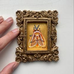 moth oil painting original framed art moth wall decor entomology art gold framed decor framed butterfly artwork