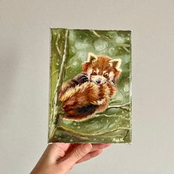 red panda oil painting on canvas original bear art cottagecore wall decor cute animal painting on canvas