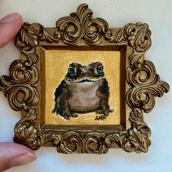 toad oil painting original framed art tree frog decor art gold framed decor amphibian artwork 3 by 3 art