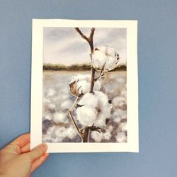 original cotton painting, cotton flower fine art, cotton flower drawing, fluffy flower watercolor painting, flower art