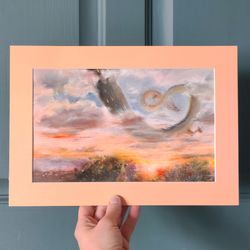 original dragon watercolor painting, fairy painting, mountain sunset landscape, dragon fantasy painting