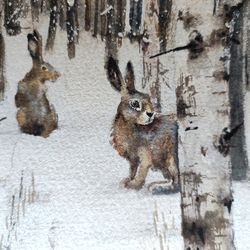 original bunny painting watercolor winter landscape painting original rabbit painting small bunny painting