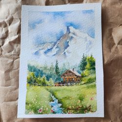 original mountain landscape painting mountain watercolor painting sunny landscape alpine meadow mountain house summe