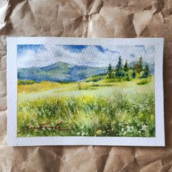 original summer landscape sunny yellow field watercolor painting sunny field alpine meadow flower meadow