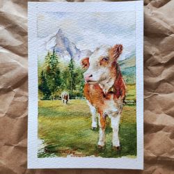 original cow painting watercolor summer landscape sunny painting alpine meadow alpine cow painting alpine landscape