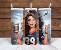 denver broncos cartoon girl brunette with coffee sublimation tumbler wrap 300dpi 20oz -30oz straight wrap  included