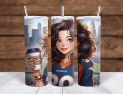 denver broncos cartoon girl brunette with coffee sublimation tumbler wrap 300dpi 20oz -30oz straight wrap  included