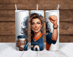 denver broncos cartoon girl brunette with coffee sublimation tumbler wrap 300dpi 20oz -30oz straight wrap  included