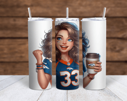 denver broncos cartoon girl brunette with coffee sublimation tumbler wrap 300dpi 20oz -30oz straight wrap  included