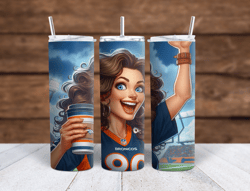 denver broncos cartoon girl brunette with coffee sublimation tumbler wrap 300dpi 20oz -30oz straight wrap  included