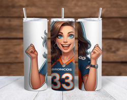 denver broncos cartoon girl brunette cheering sublimation tumbler wrap 300dpi 20oz -30oz straight wrap  included