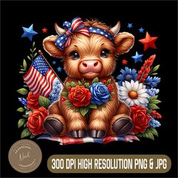 cute highland cow png, 4th of july png, floral usa patriotic cow lover png,digital file, png high quality, sublimation