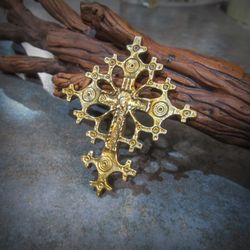 large hutsul brass cross necklace pendant,handmade ukrainian brass cross necklace jewellery charm,traditional jewellery