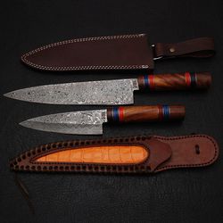 damascus chef knife set // 2 piece // 914 with leather sheath