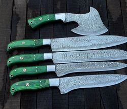 handmade damascus knives set of 5 with roll over bag-kds4 with leather sheath