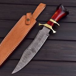 custom handmade damascus steel bowie knife with leather sheath