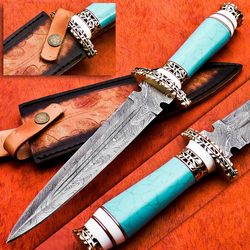 custom handmade damascus steel hunting dagger knife with turquoise handle