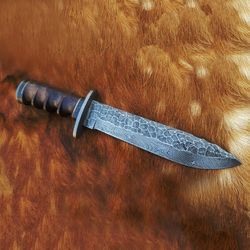 damascus bowie custom handmade damascus with leather sheath