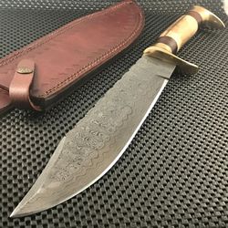 16" custom hand forged damascus stage handle bowie knife with leather sheath, best bowie hunting knife, gift for husband