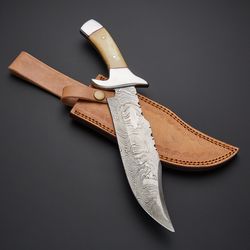 custom handmade damascus bowie hunting knife with leather sheath, personalized gift knife, hunting knife, skinner knife