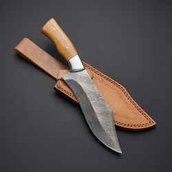 custom handmade damascus steel skinner hunting knife with leather sheath, hand forged knife, personalized gift knife