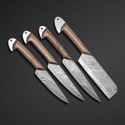 rose wood chef set of 4 pcs custom handmade damascus with leather sheath