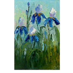 irises painting  original artwork blue flowers art floral painting blue irises artwork oil painting gift flowers art