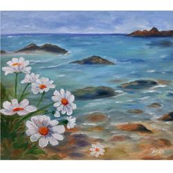 seascape painting white daisy original artwork oil painting flowers art sea artwork original oil painting seascape art