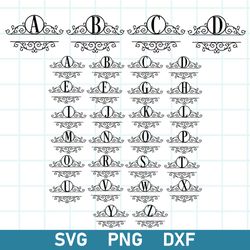 flourish split monogram alphabet svg, flourish split monogram svg, flourish split monogram svg, png dxf digital file